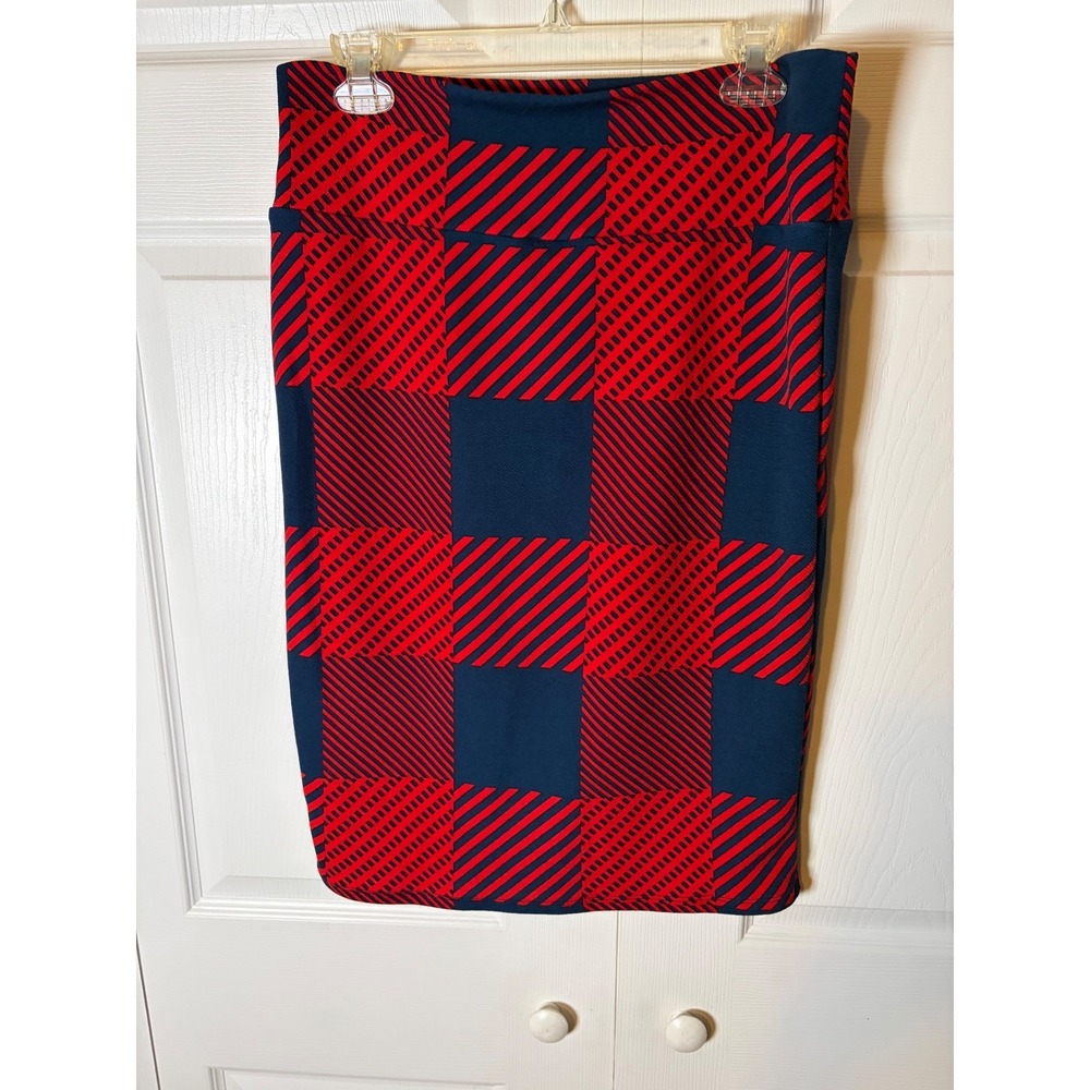 LuLaRoe Cassie Pencil Skirt Large Navy Blue Red Plaid Geometric Stretch Bodycon